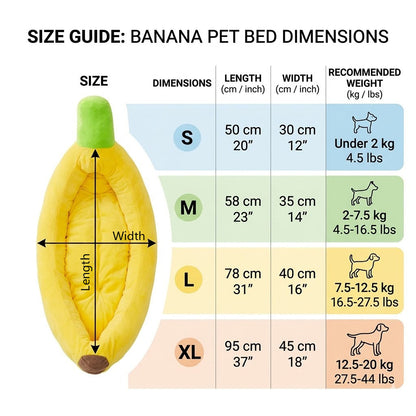 Detailed size guide chart for the banana pet bed showing exact dimensions and weight limits for sizes Small to Extra Large.
