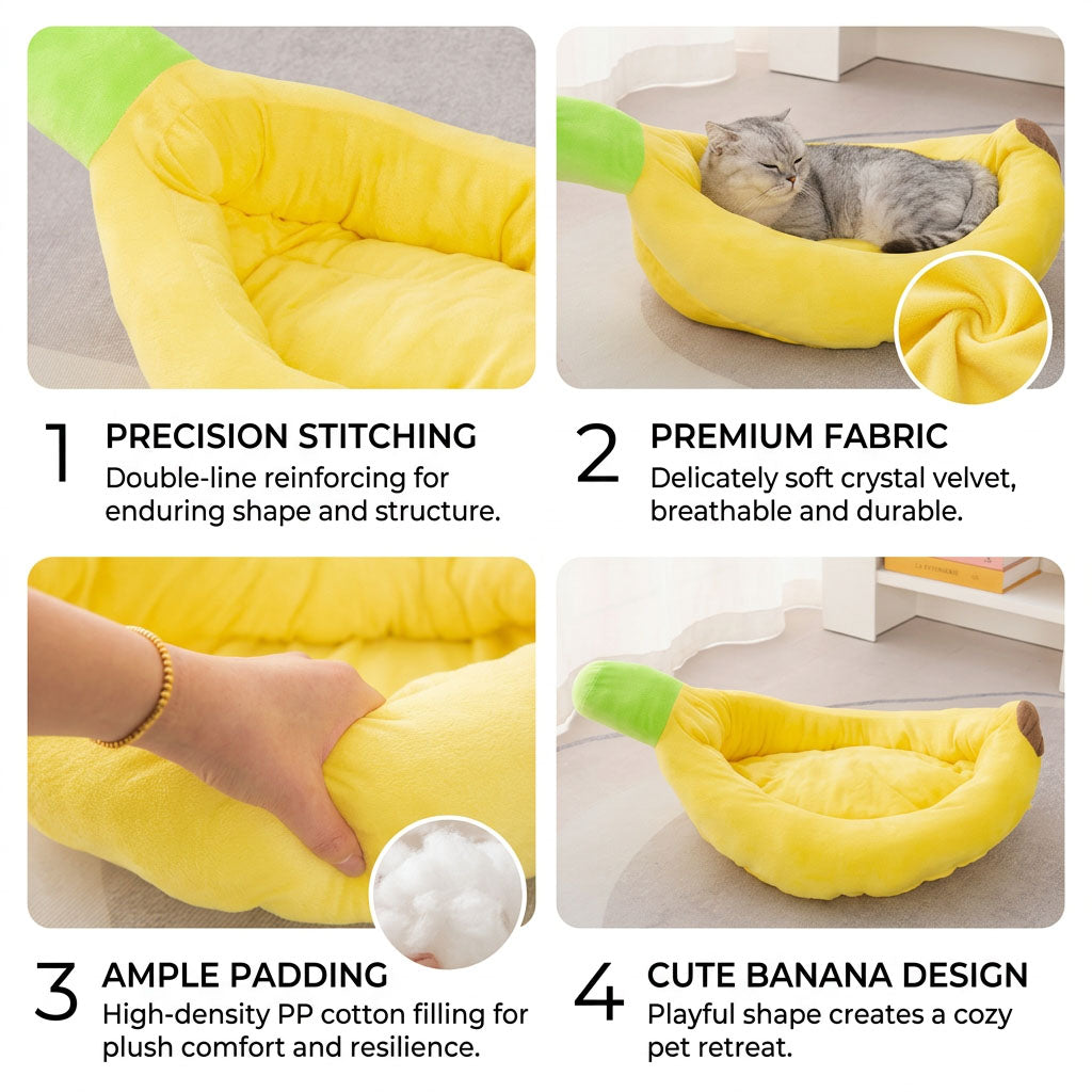 Collage highlighting the banana pet bed's precision double-line stitching, breathable crystal velvet fabric, and high-density cotton filling.