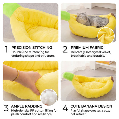 Collage highlighting the banana pet bed's precision double-line stitching, breathable crystal velvet fabric, and high-density cotton filling.
