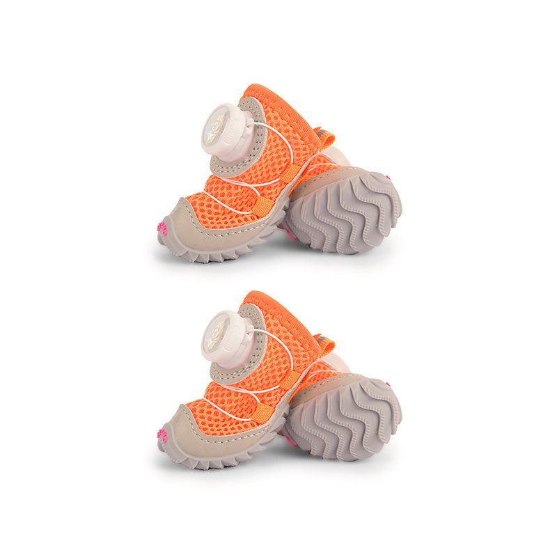 Sunset orange mesh dog shoes with quick-dial fastener, cord laces, and gray tread soles.