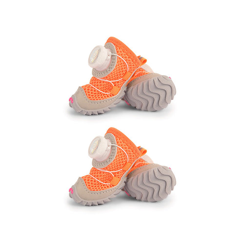Sunset orange mesh dog shoes with quick-dial fastener, cord laces, and gray tread soles.