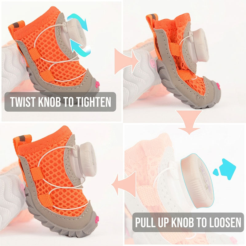Quick-dial fastener graphic showing twist-to-tighten and pull-up-to-loosen steps.