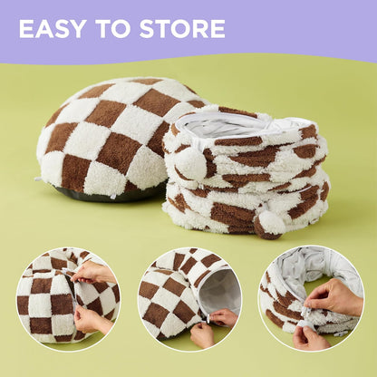 Brown checkered cat tunnel bed folded compactly for storage, with zipper close-ups showing the two-half construction.