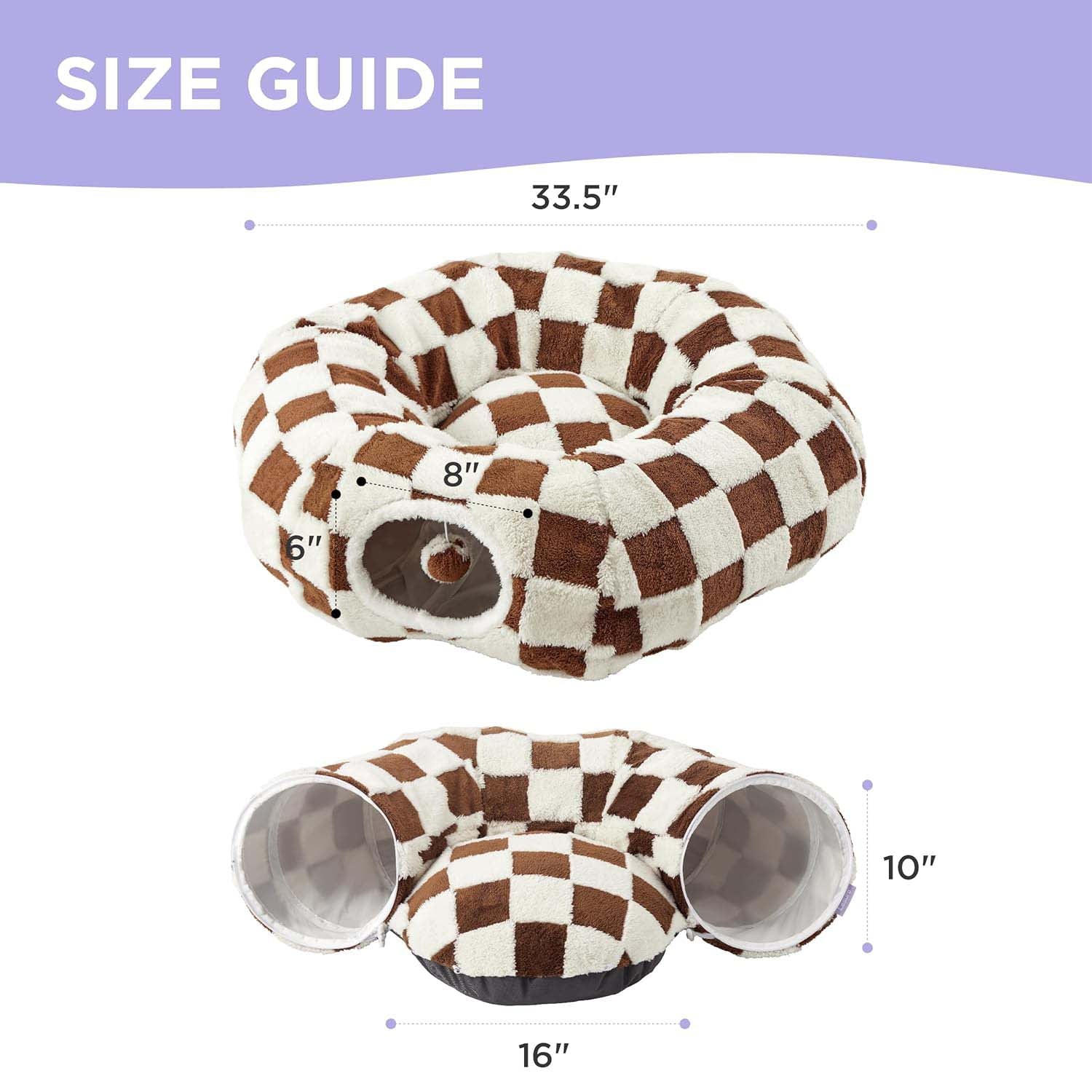 Size guide: 33.5" outer diameter, 16" cushion, 10" tall, tunnel opening 8" wide × 6" tall.
