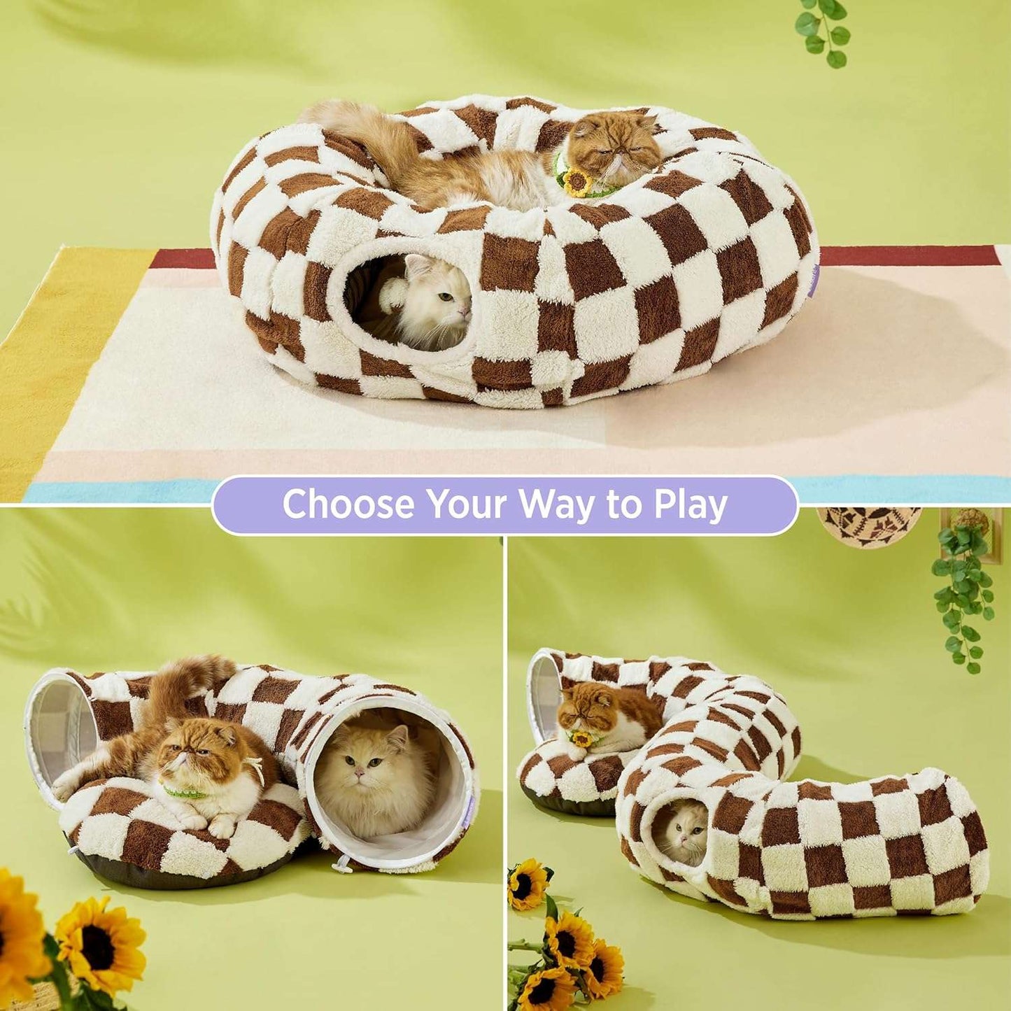 Brown checkered cat tunnel bed with two Persian cats on a green studio backdrop, both tunnel openings visible.