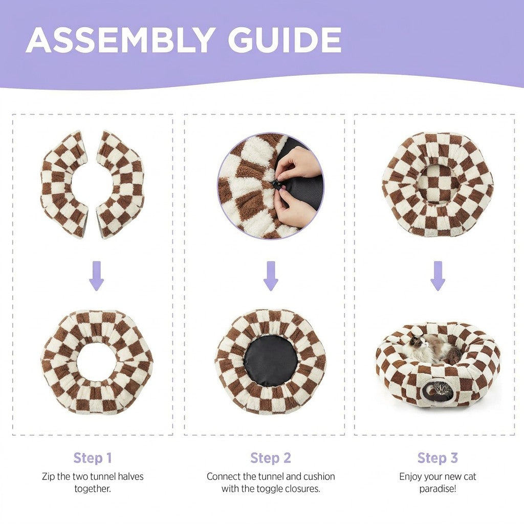 Three-step assembly guide for the brown checkered cat tunnel bed: zip tunnel halves together, attach cushion via toggles, ready to use.