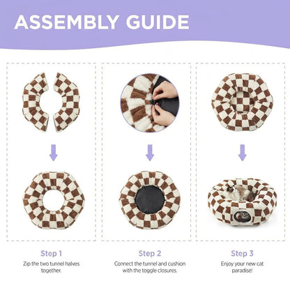 Three-step assembly guide for the brown checkered cat tunnel bed: zip tunnel halves together, attach cushion via toggles, ready to use.