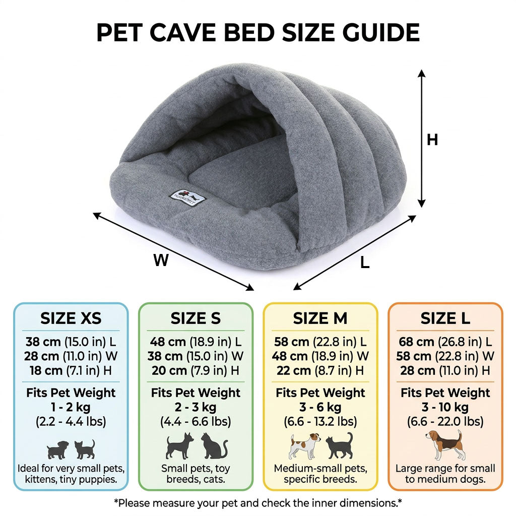 Pet cave bed size guide showing XS, S, M, and L measurements with pet weight ranges.