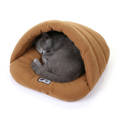 Grey cat curled inside the warm camel fleece cave bed with padded hood and cushioned base.