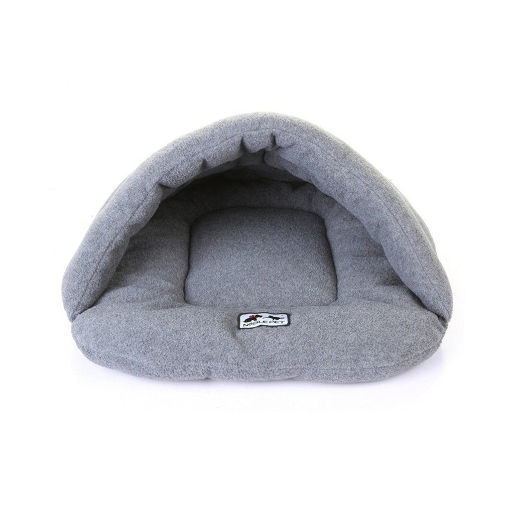 Front view of heather grey fleece pet cave bed showing semi-enclosed opening and padded base.