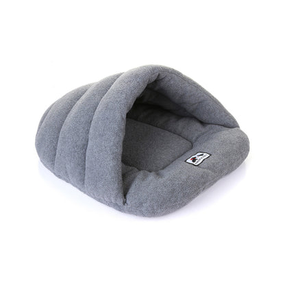 Heather grey fleece pet cave bed with raised hood, padded ribs, and low front entry.