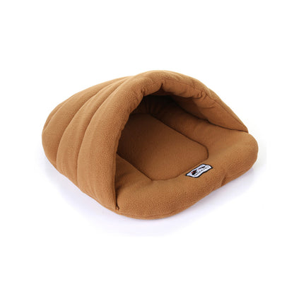 Warm camel fleece pet cave bed with semi-enclosed hood and padded base for small pets.