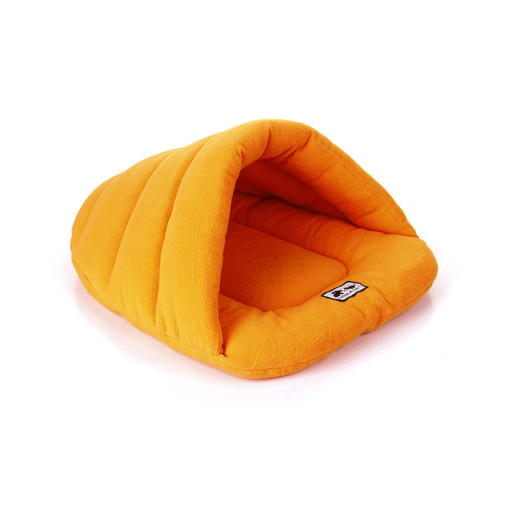 Sunset orange fleece pet cave bed with tunnel-style hood and cushioned base.