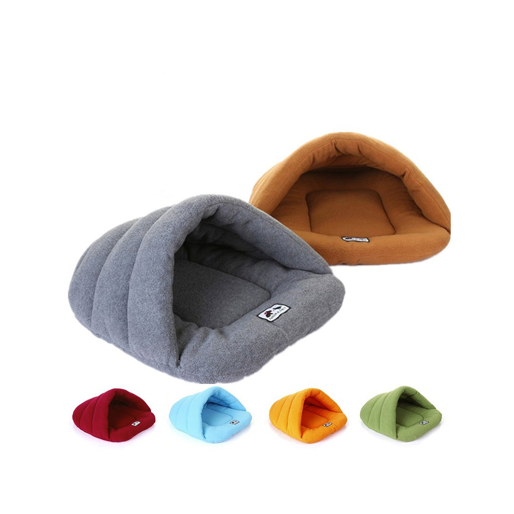 Fleece pet cave bed color lineup in heather grey, warm camel, ruby red, sky blue, orange, and sage green.