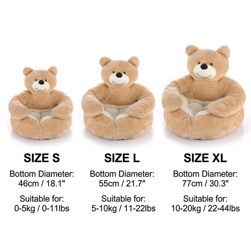 A comprehensive size comparison chart for the PawsMore calming teddy bear hug pet bed, showing Size S (18.1 inch), Size L (21.7 inch), and Size XL (30.3 inch) in light brown to accommodate pets of all weights.