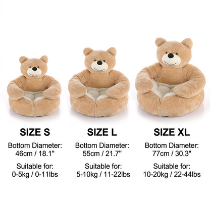 A comprehensive size comparison chart for the PawsMore calming teddy bear hug pet bed, showing Size S (18.1 inch), Size L (21.7 inch), and Size XL (30.3 inch) in light brown to accommodate pets of all weights.
