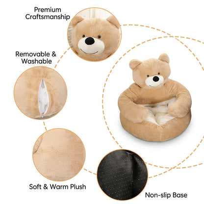 Detailed infographic highlighting the premium features of the PawsMore teddy bear pet bed: premium plush craftsmanship, a hidden zipper for the removable and washable cover, soft warm fabric, and a durable non-slip base.