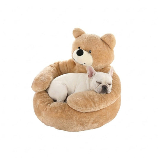 A peaceful white French Bulldog sleeping deeply, curled up inside the comforting embrace of a light brown PawsMore teddy bear hug dog bed.
