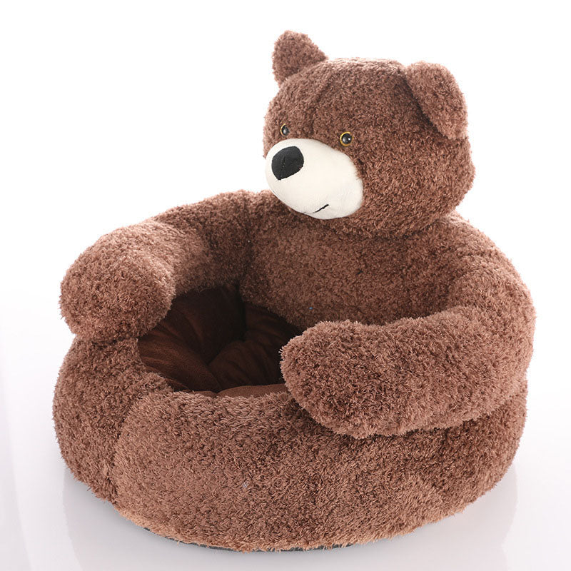 High-quality product image of the PawsMore snuggle bear dog and cat bed in a rich Dark Brown color, highlighting the thick, supportive bottom cushion.