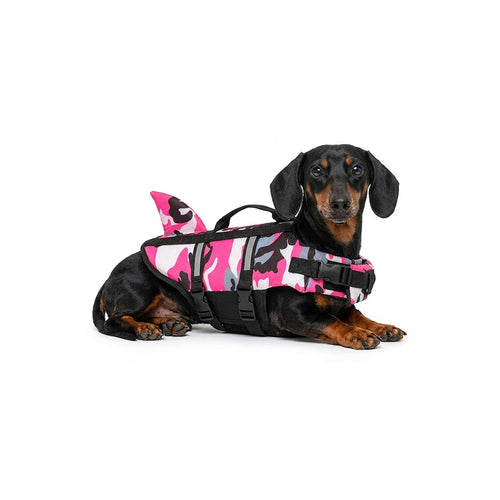 Long-haired Dachshund on white background wears a pink camo dog life jacket with a shark fin and black buckles.