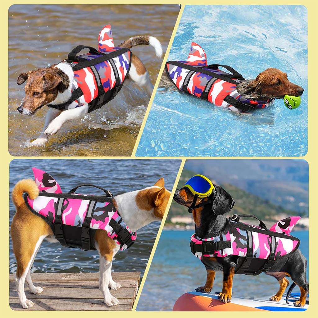 Collage of small dogs wearing a camo shark fin dog life jacket swim vest while swimming and standing by the water.