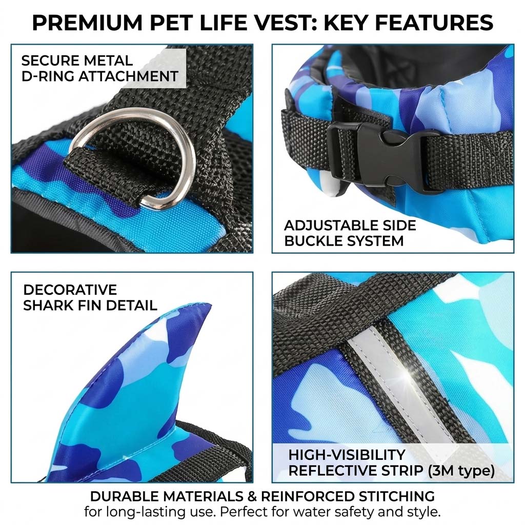Collage of a blue camo shark fin dog life jacket swim vest showing D-ring, side buckle, reflective strip, and stitched fin on white.