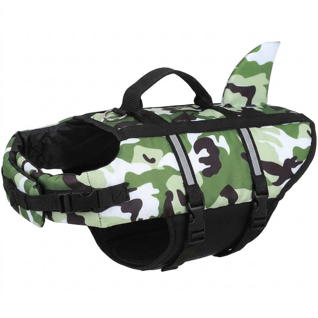 Green camo dog life jacket swim vest on a white background, with black straps, handle, and shark fin.