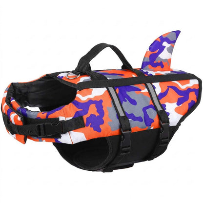 Shark fin camo dog life jacket swim vest with orange, purple and gray camo, black straps, on a white background.