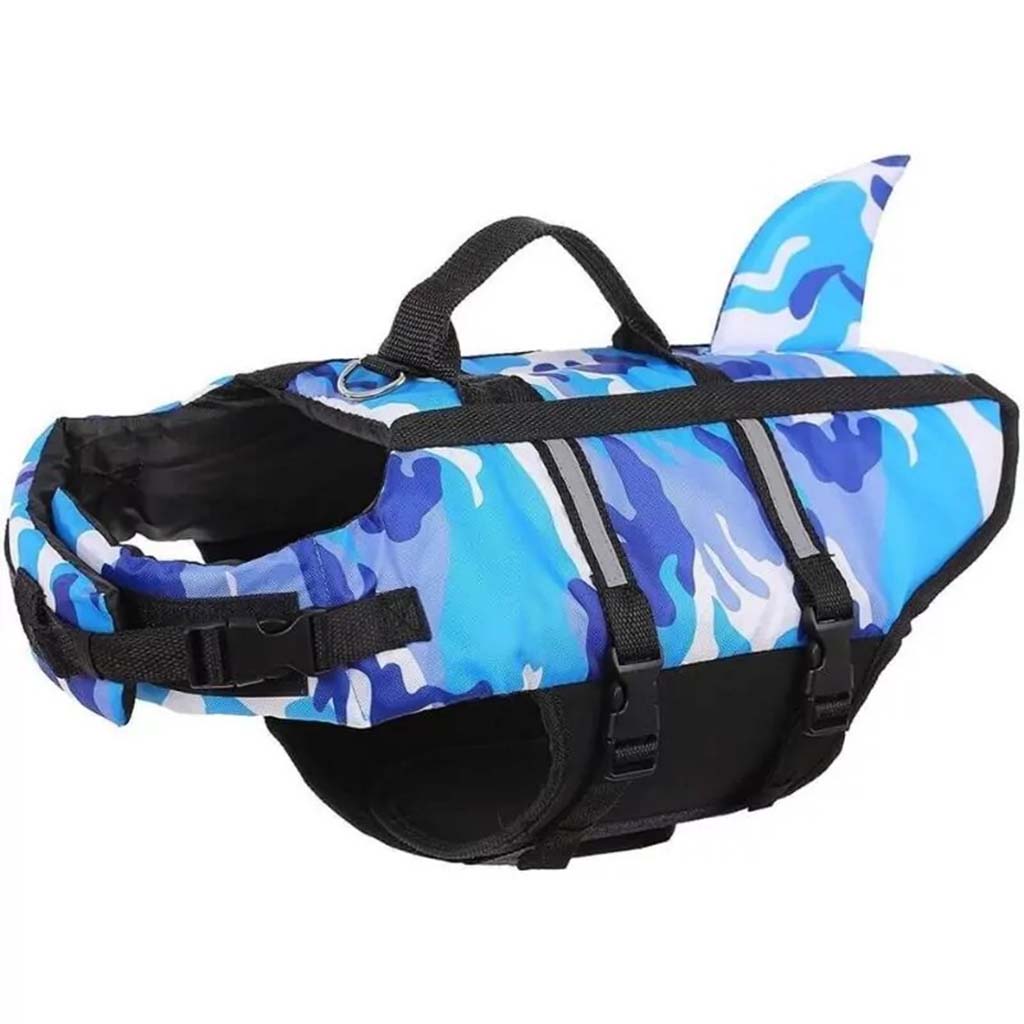 Blue camo dog life jacket swim vest with shark fin, black straps and handle on a white background.