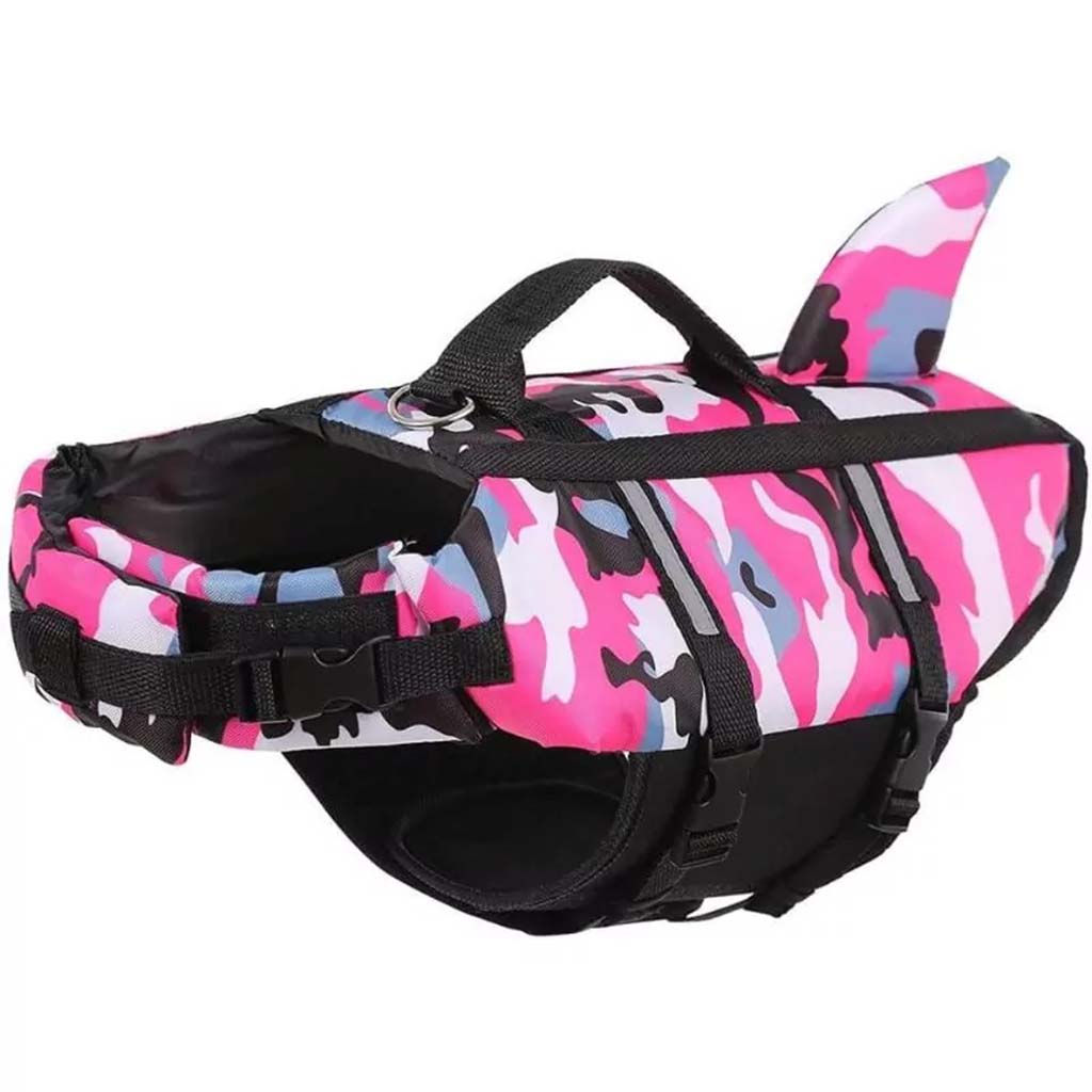 Pink, black and blue camo dog life jacket swim vest with shark fin and carry handle on a white background.