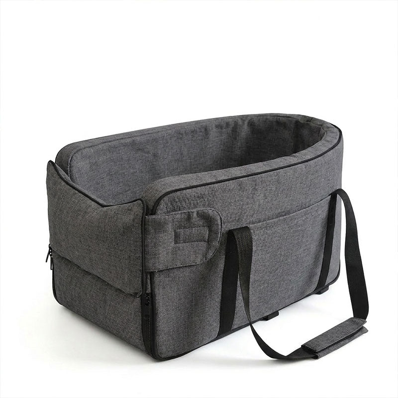 Charcoal dark grey small dog booster seat designed for car armrests, featuring a cozy plush interior.