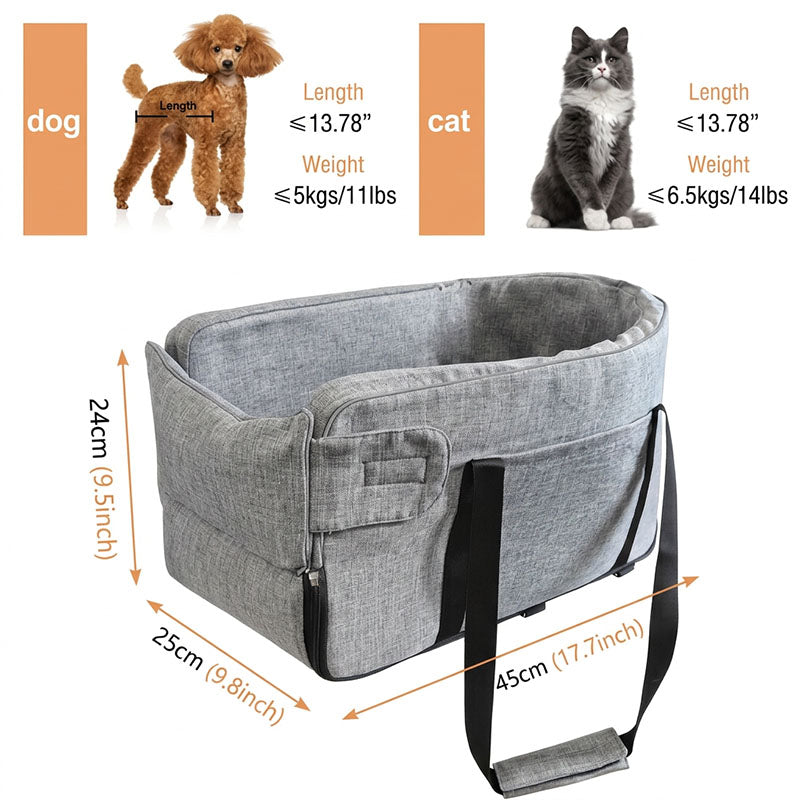 Size guide for the center console pet car seat showing dimensions of 17.7 inches long by 9.8 inches wide, ideal for small dogs up to 11 lbs.