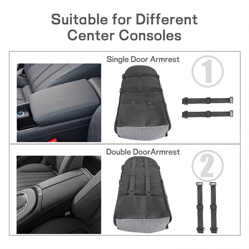 Installation diagram showing how the adjustable velcro straps secure the pet car seat to both single-door and double-door car armrests.