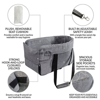 Detailed breakdown of a grey center console dog car seat showing the plush washable cushion, safety leash, velcro closures, and storage pockets.