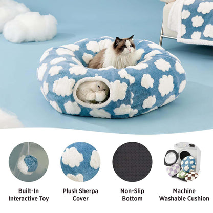 Cloud Donut Cat Tunnel Bed feature shot — Sherpa cover, non-slip base, machine-washable cushion, built-in pom-pom toy.