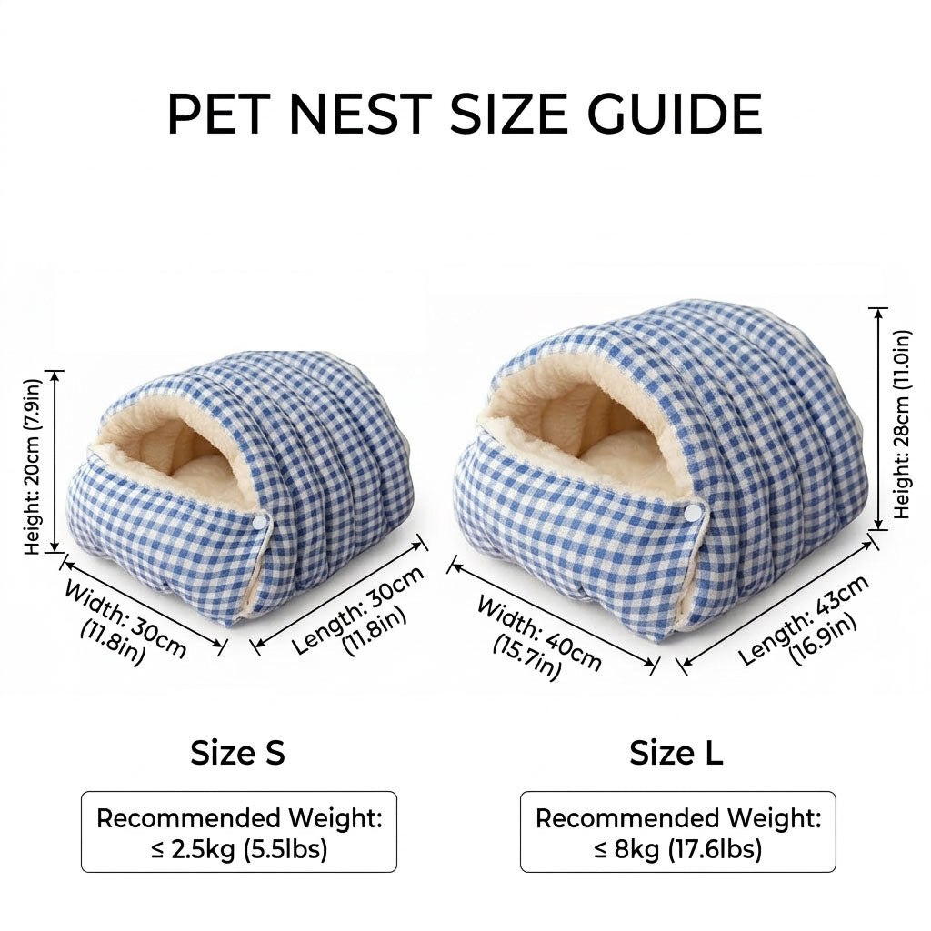 Pet nest size guide showing S and L dimensions and recommended weight ranges.