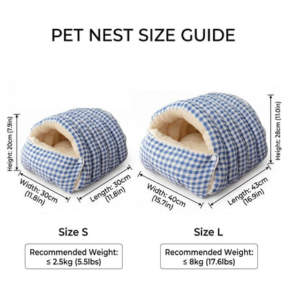 Pet nest size guide showing S and L dimensions and recommended weight ranges.