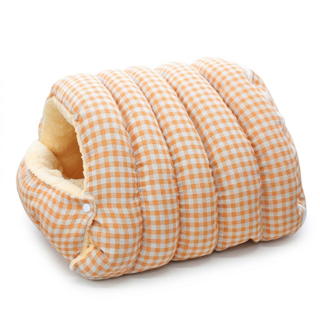 Sunset orange gingham cave pet bed with rounded tunnel shape and cream lining.