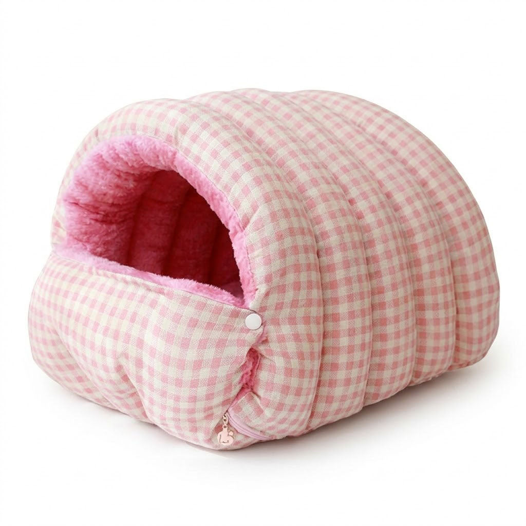 Blossom pink gingham cave pet bed with plush pink lining and front snap button.