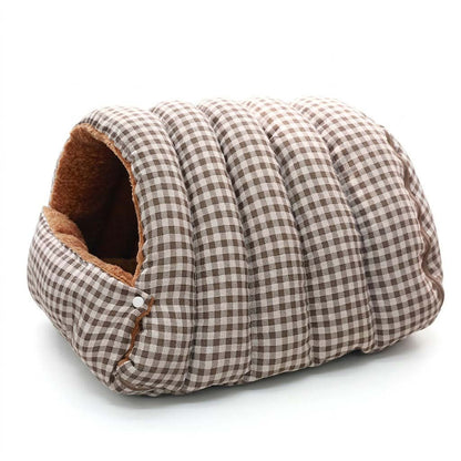 Chocolate brown gingham cave pet bed with tan plush lining and padded tunnel body.