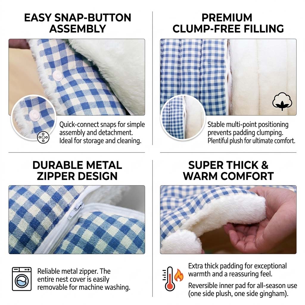Gingham cave pet bed detail graphic showing snap buttons, stitched padding, zipper, and plush inner pad.