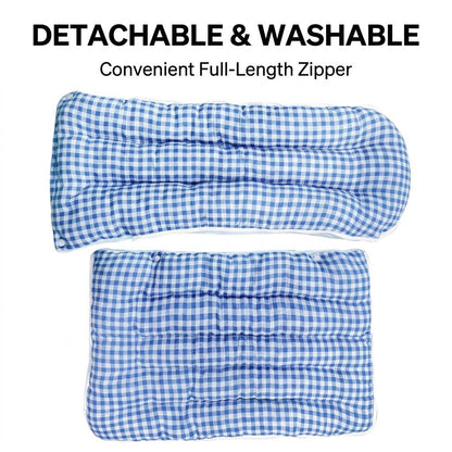 Blue gingham cave pet bed cover opened flat to show detachable washable construction.