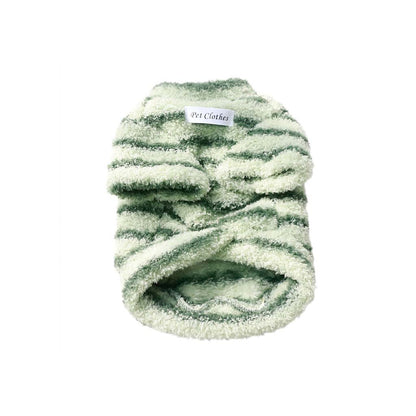 Mint green striped fleece dog sweater with rolled openings and Pet Clothes label on white background.