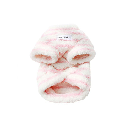 Strawberry pink striped fleece dog sweater with plush trim and wrap-style front opening.