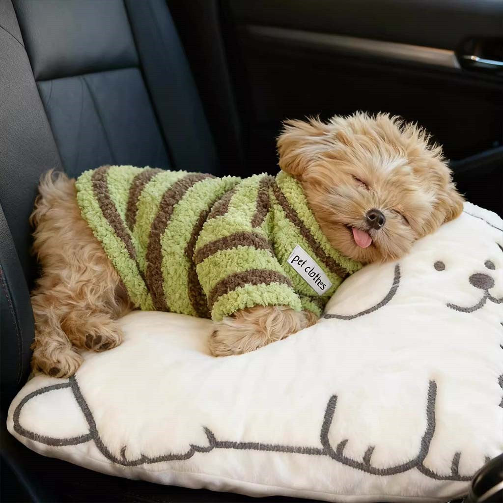 Tan small dog resting in a car seat while wearing the matcha green striped fleece dog sweater.