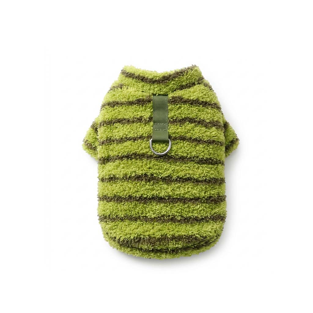 Back view of matcha green striped fleece dog sweater with woven tab and metal leash ring.