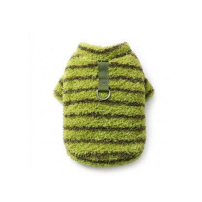 Back view of matcha green striped fleece dog sweater with woven tab and metal leash ring.
