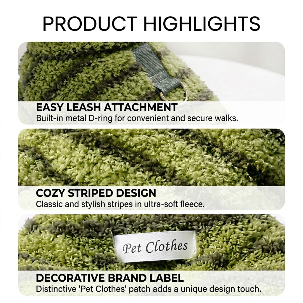 Close-up of matcha green striped fleece dog sweater showing built-in metal leash D-ring and plush texture.