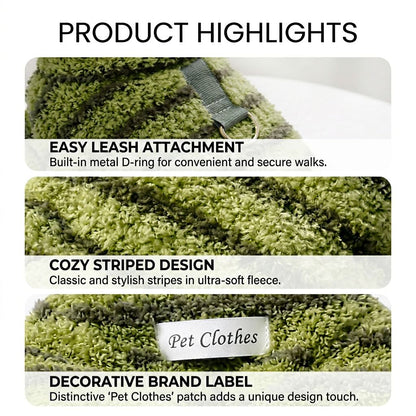 Close-up of matcha green striped fleece dog sweater showing built-in metal leash D-ring and plush texture.