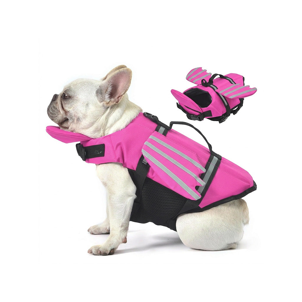 French bulldog wearing a pink angel wing dog life jacket on a white background, with matching wings shown beside it.
